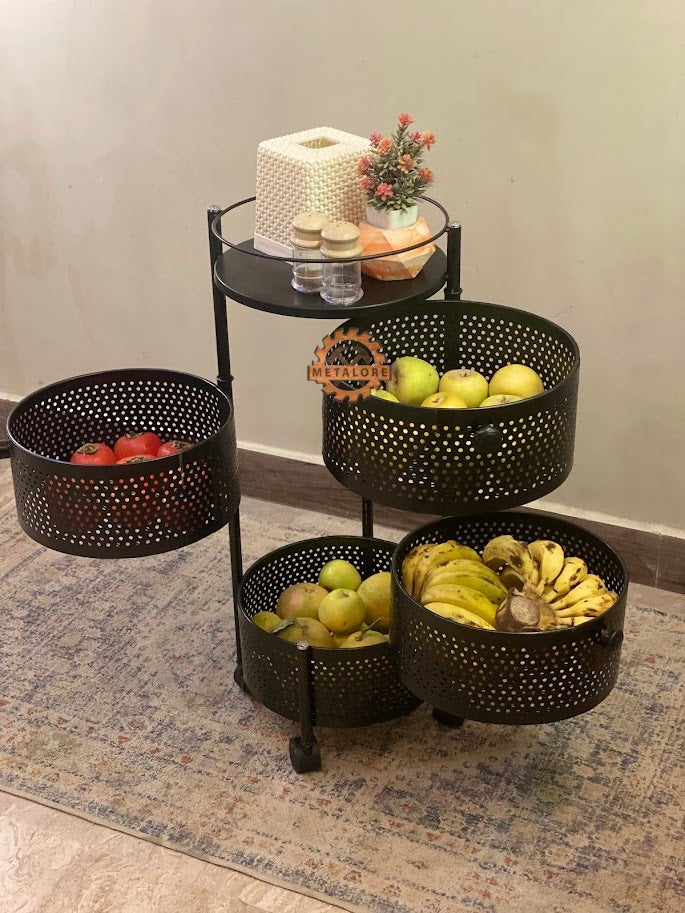Metalore 3-Tier Fruit Basket Stand | Metal Kitchen Organizer | Vegetable Storage Rack | Black Perforated Design Pakistan