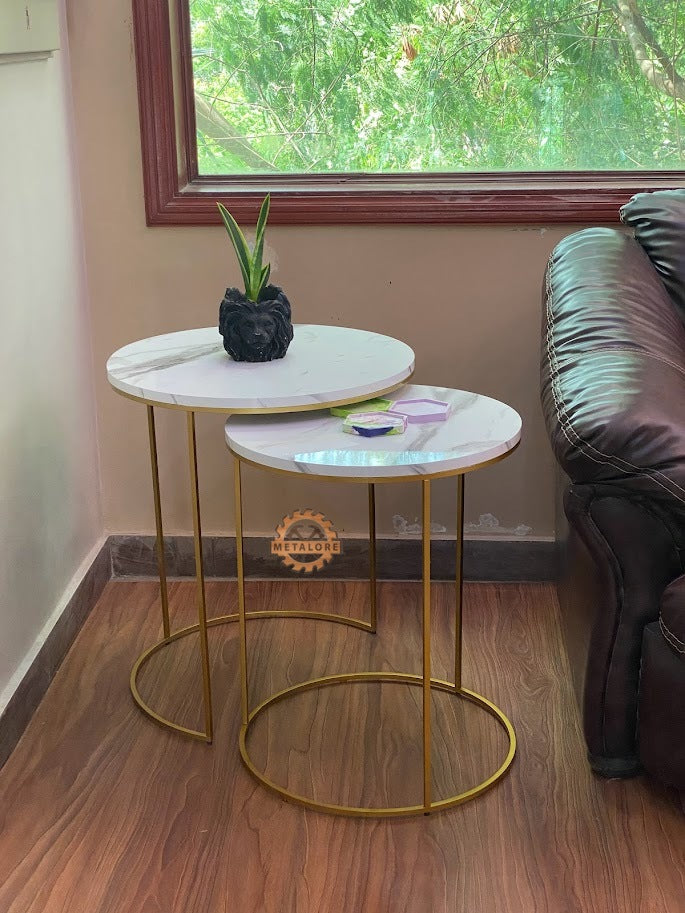 Metalore White Marble Acrylic MDF Nesting Tables Set of 2 | Round Gold Frame Side Tables | 20 & 18 Inch Coffee Tables Pakistan"