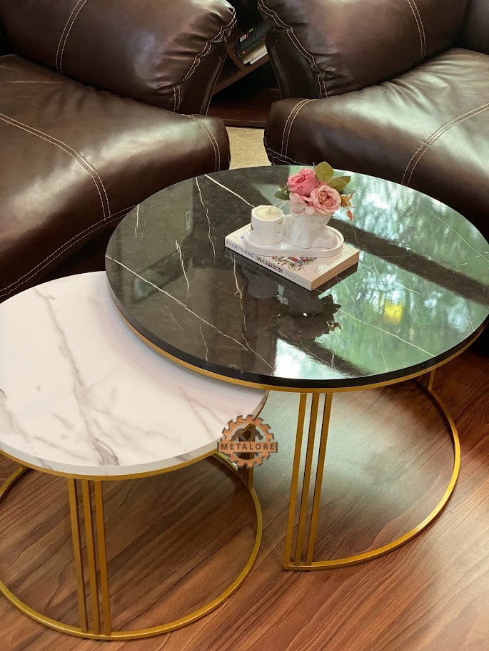 Metalore black & White Marble Coffee Table Set | Nesting Round Center Table | 2 Piece Living Room Table Pakistan