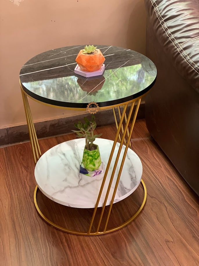 Metalore 2-Tier Round Side Table | Black & White Marble | Gold Frame | 20 Inch Acrylic Coffee Table | Modern End Table Pakistan