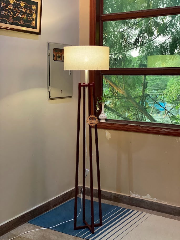 Metalore Wooden Floor Lamp | Modern Standing Lamp | Tripod Design Floor Light | Living Room Bedroom Lamp Pakistan