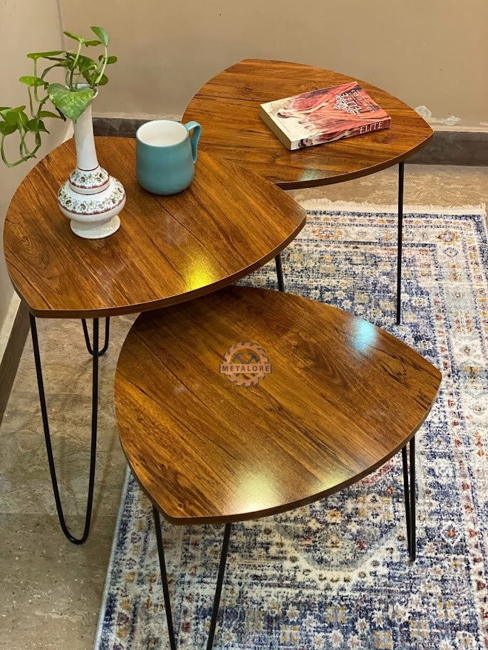 Metalore Nesting Coffee Tables Set of 3 | Triangle Wooden Side Tables | Black Hairpin Legs | Modern Living Room Furniture Pakistan