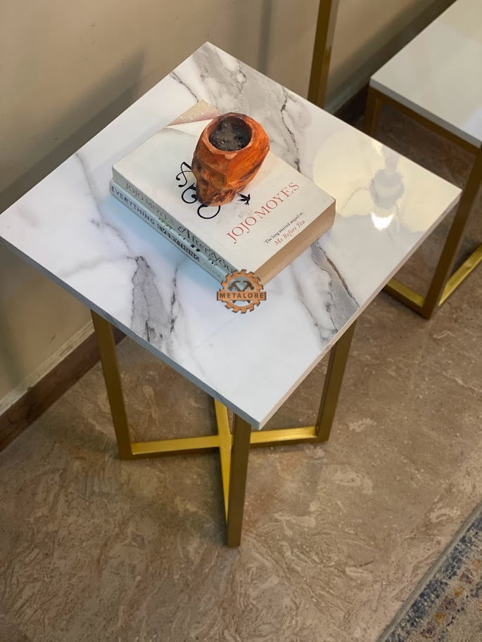 Metalore White Marble Side Table | 15x15 Square End Table | Gold Metal Frame | Acrylic MDF Bedside Table Pakistan"
