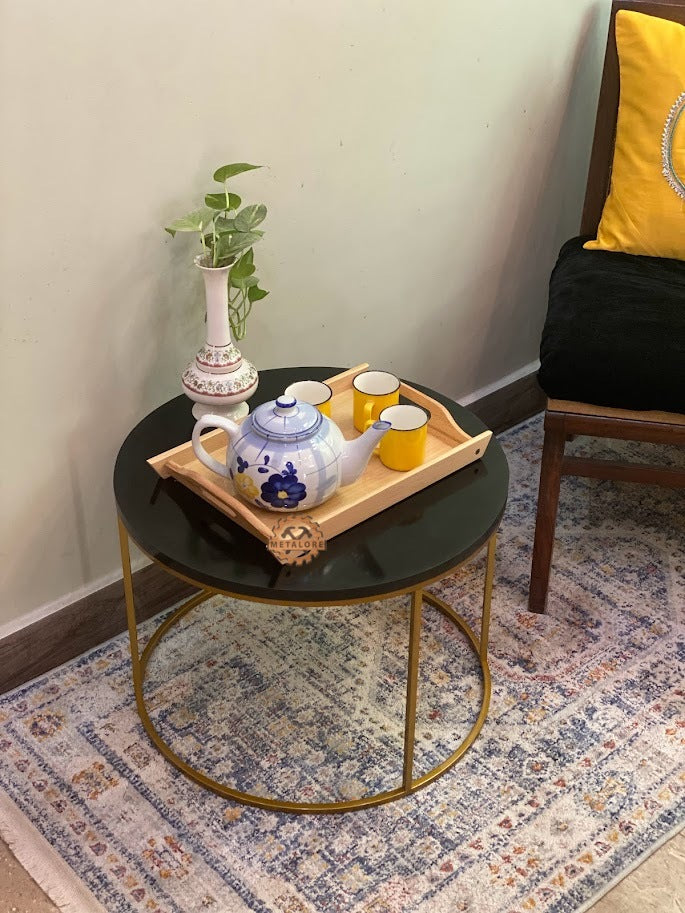 Metalore Round Black Coffee Table | 24 Inch Diameter | Gold Frame | Modern Center Table | Acrylic MDF Side Table Pakistan