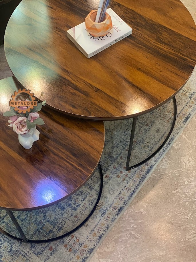 Metalore Sheesham TOP & Black Base Coffee Table Set | Nesting Round Center Table | 2 Piece Living Room Table Pakistan"