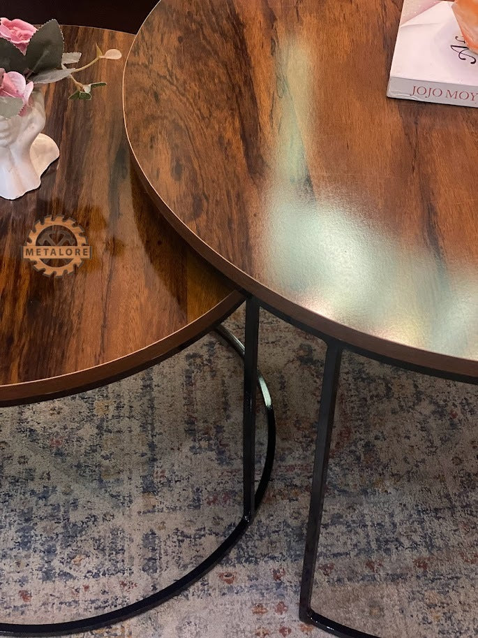 Metalore Sheesham TOP & Black Base Coffee Table Set | Nesting Round Center Table | 2 Piece Living Room Table Pakistan"
