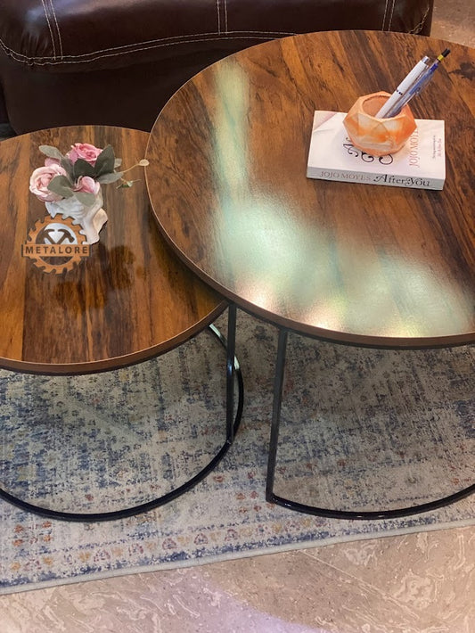 Metalore Sheesham TOP & Black Base Coffee Table Set | Nesting Round Center Table | 2 Piece Living Room Table Pakistan"
