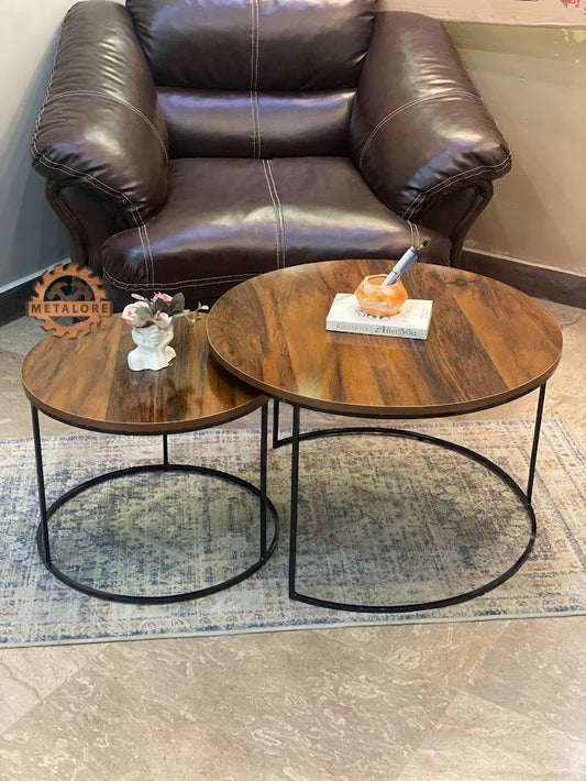 Metalore Sheesham TOP & Black Base Coffee Table Set | Nesting Round Center Table | 2 Piece Living Room Table Pakistan"