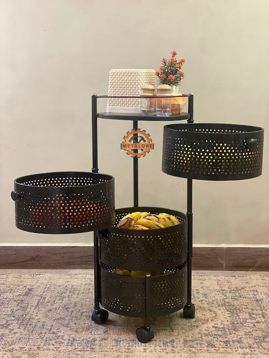 Metalore 3-Tier Fruit Basket Stand | Metal Kitchen Organizer | Vegetable Storage Rack | Black Perforated Design Pakistan