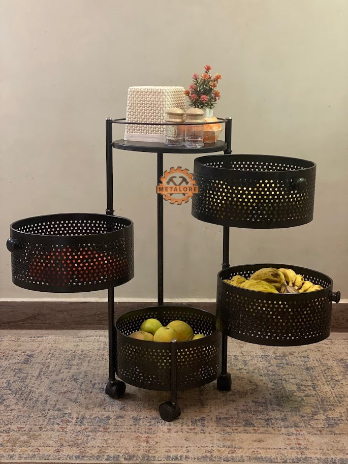 Metalore 3-Tier Fruit Basket Stand | Metal Kitchen Organizer | Vegetable Storage Rack | Black Perforated Design Pakistan