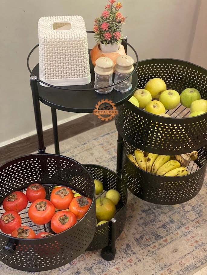 Metalore 3-Tier Fruit Basket Stand | Metal Kitchen Organizer | Vegetable Storage Rack | Black Perforated Design Pakistan