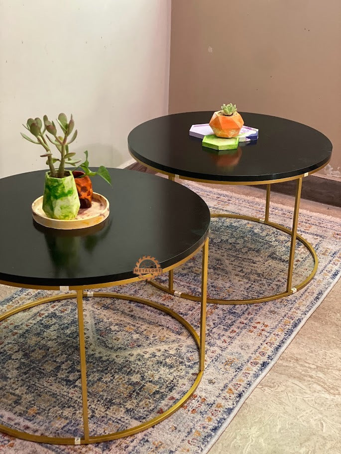 Metalore Round Black Coffee Table | 24 Inch Diameter | Gold Frame | Modern Center Table | Acrylic MDF Side Table Pakistan