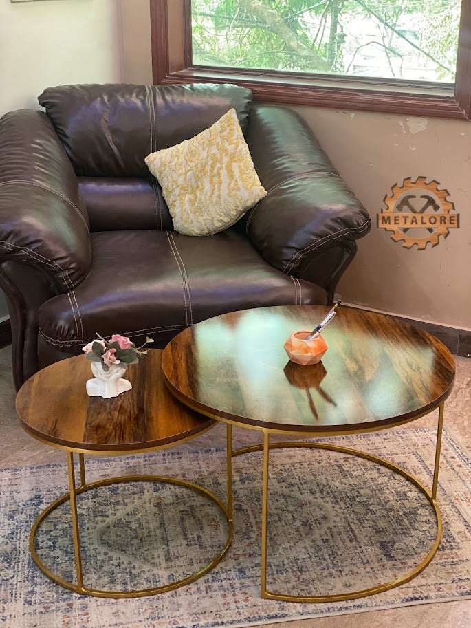 Metalore Sheesham Top & Gold Base Coffee Table Set | Nesting Round Center Table | 2 Piece Living Room Table Pakistan"
