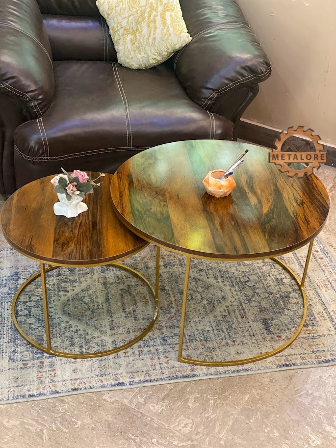 Metalore Sheesham Top & Gold Base Coffee Table Set | Nesting Round Center Table | 2 Piece Living Room Table Pakistan"