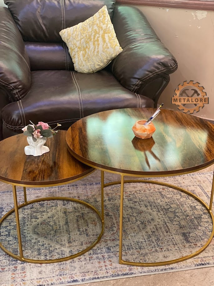 Metalore Sheesham Top & Gold Base Coffee Table Set | Nesting Round Center Table | 2 Piece Living Room Table Pakistan"