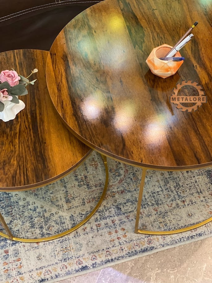 Metalore Sheesham Top & Gold Base Coffee Table Set | Nesting Round Center Table | 2 Piece Living Room Table Pakistan"