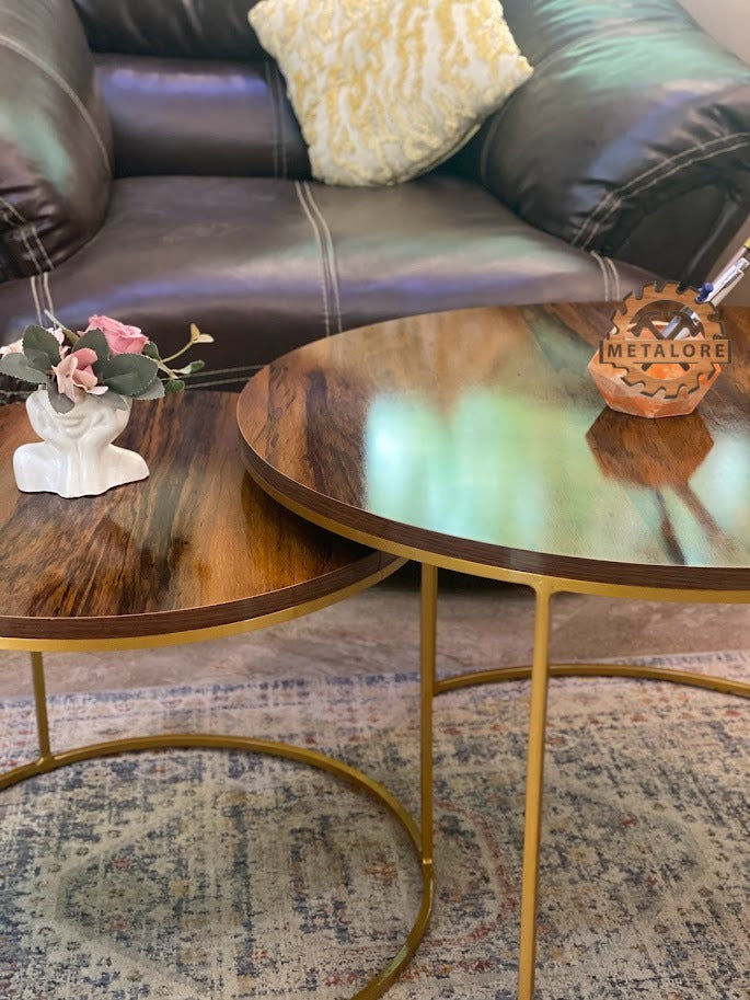 Metalore Sheesham Top & Gold Base Coffee Table Set | Nesting Round Center Table | 2 Piece Living Room Table Pakistan"