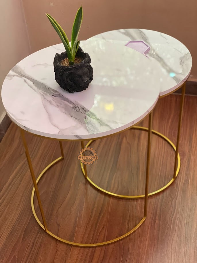 Metalore White Marble Acrylic MDF Nesting Tables Set of 2 | Round Gold Frame Side Tables | 20 & 18 Inch Coffee Tables Pakistan"