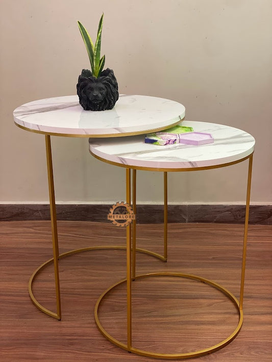 Metalore White Marble Acrylic MDF Nesting Tables Set of 2 | Round Gold Frame Side Tables | 20 & 18 Inch Coffee Tables Pakistan"