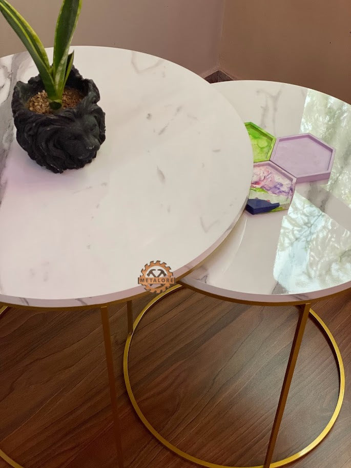 Metalore White Marble Acrylic MDF Nesting Tables Set of 2 | Round Gold Frame Side Tables | 20 & 18 Inch Coffee Tables Pakistan"
