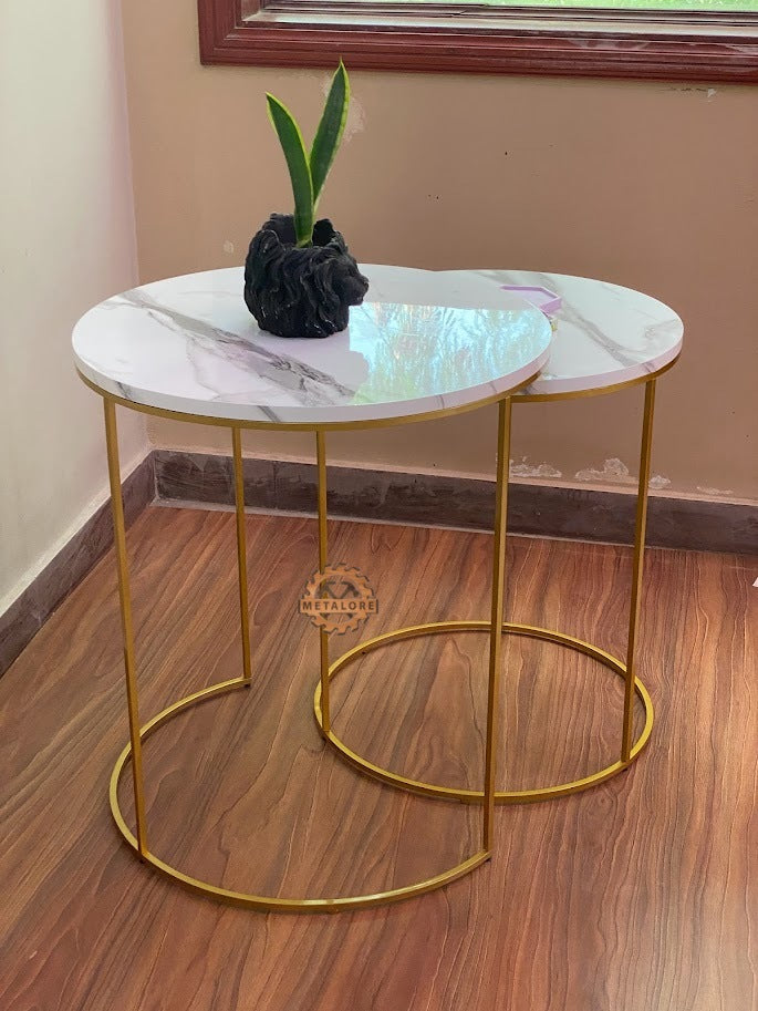 Metalore White Marble Acrylic MDF Nesting Tables Set of 2 | Round Gold Frame Side Tables | 20 & 18 Inch Coffee Tables Pakistan"