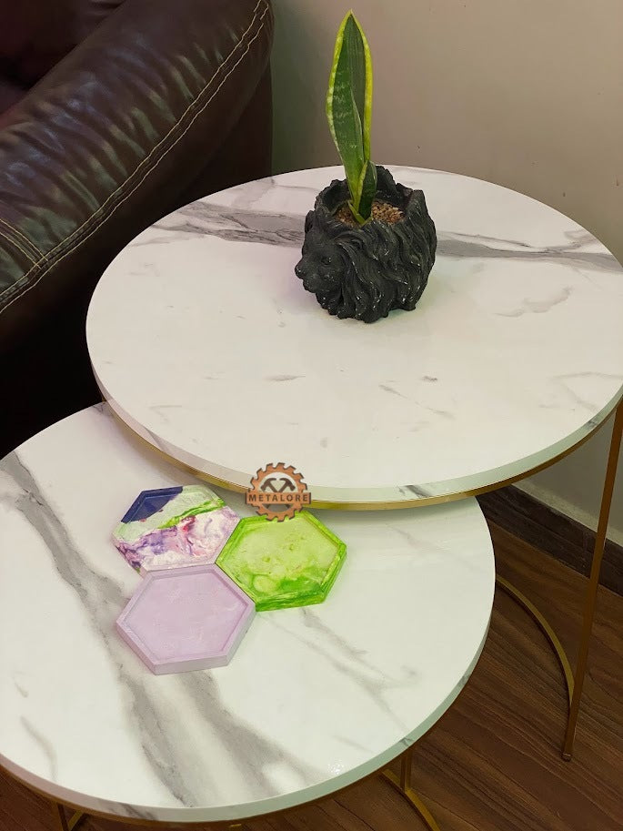 Metalore White Marble Acrylic MDF Nesting Tables Set of 2 | Round Gold Frame Side Tables | 20 & 18 Inch Coffee Tables Pakistan"