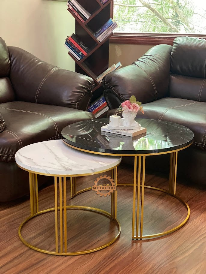 Metalore black & White Marble Coffee Table Set | Nesting Round Center Table | 2 Piece Living Room Table Pakistan