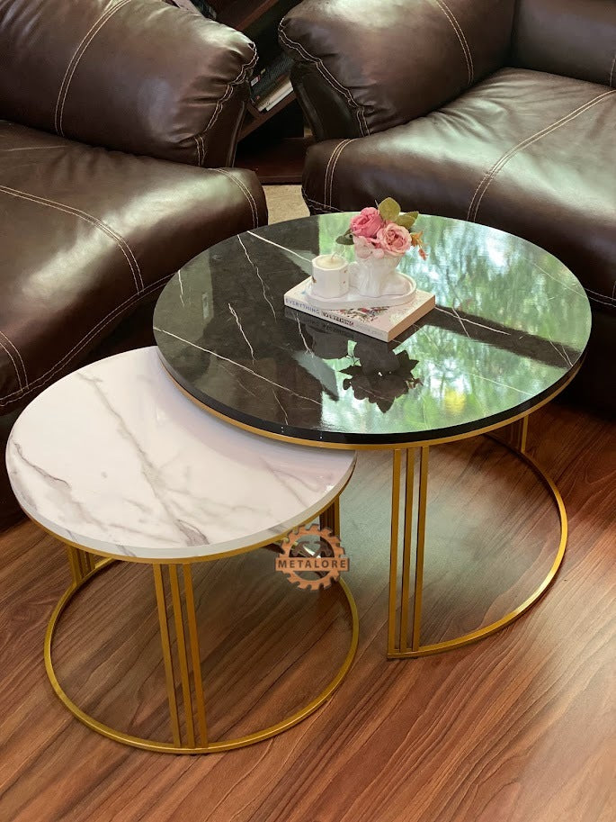 Metalore black & White Marble Coffee Table Set | Nesting Round Center Table | 2 Piece Living Room Table Pakistan