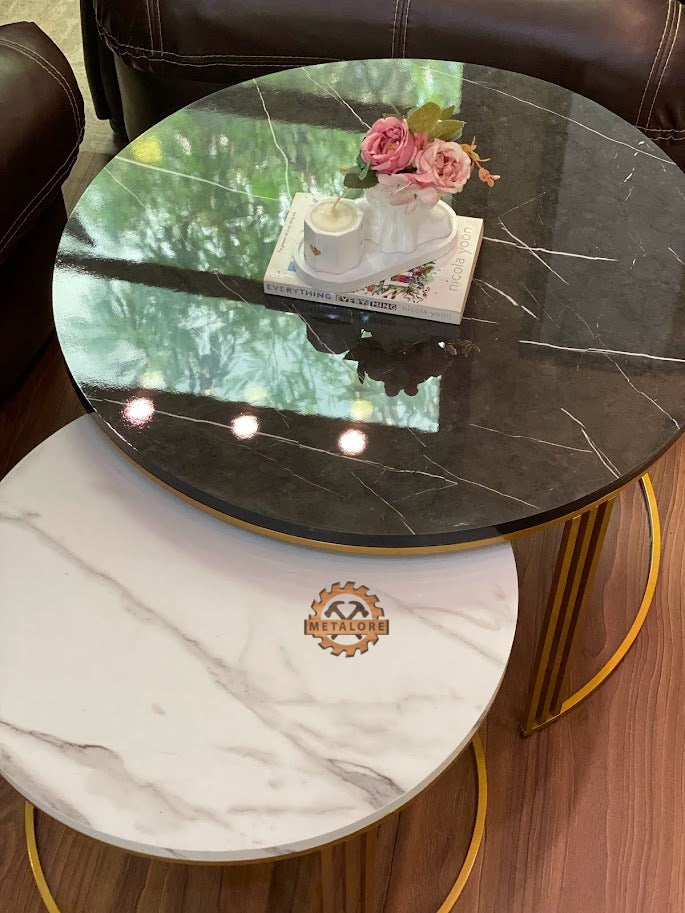 Metalore black & White Marble Coffee Table Set | Nesting Round Center Table | 2 Piece Living Room Table Pakistan