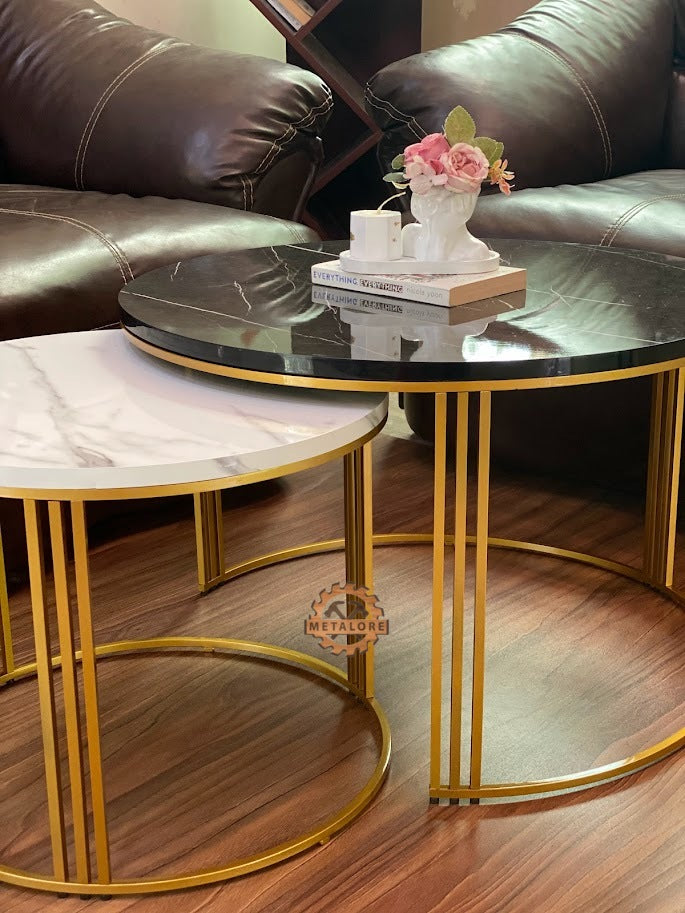 Metalore black & White Marble Coffee Table Set | Nesting Round Center Table | 2 Piece Living Room Table Pakistan