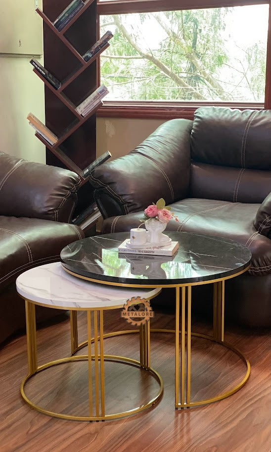 Metalore black & White Marble Coffee Table Set | Nesting Round Center Table | 2 Piece Living Room Table Pakistan