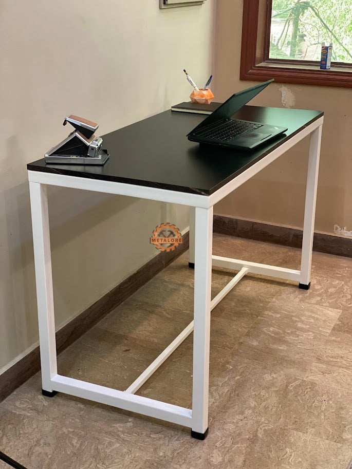 Metalore Office Computer Table 4 Feet | Black Top White Frame | Study Desk | Metal Legs Workstation Pakistan