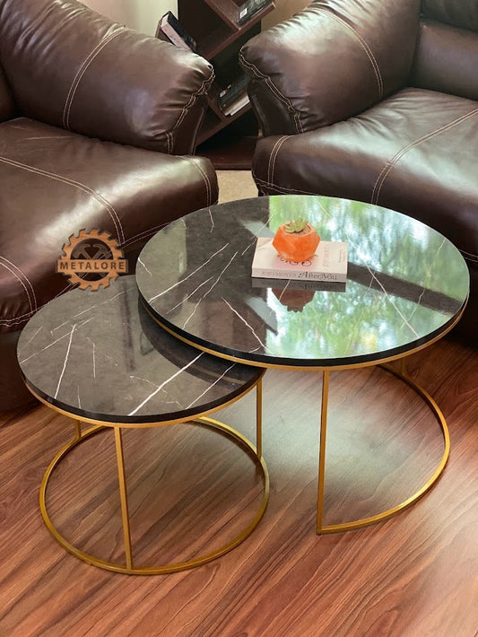 Metalore Black Marble Coffee Table Set | Nesting Round Center Table | 2 Piece Living Room Table Pakistan"