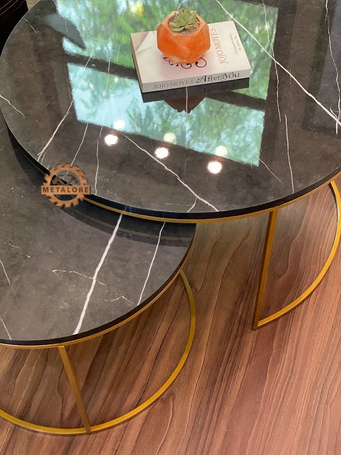 Metalore Black Marble Coffee Table Set | Nesting Round Center Table | 2 Piece Living Room Table Pakistan"