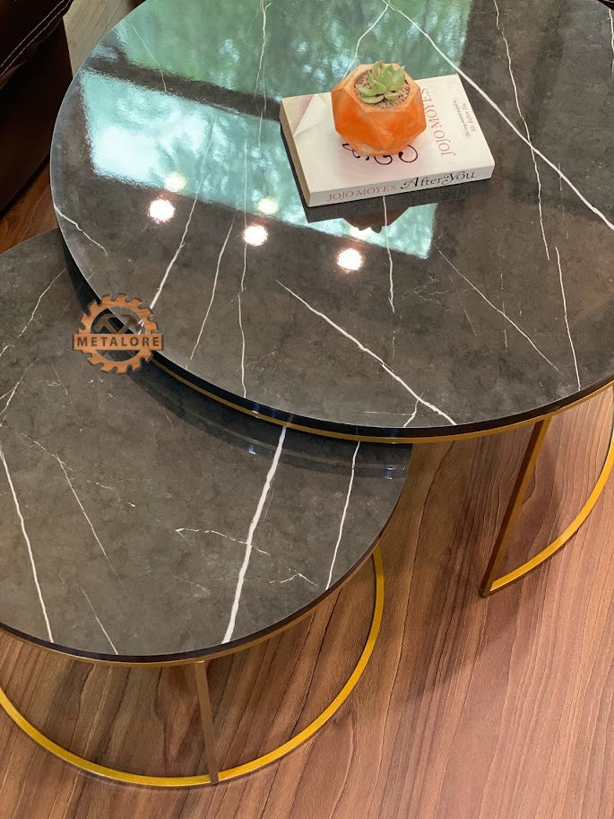 Metalore Black Marble Coffee Table Set | Nesting Round Center Table | 2 Piece Living Room Table Pakistan"