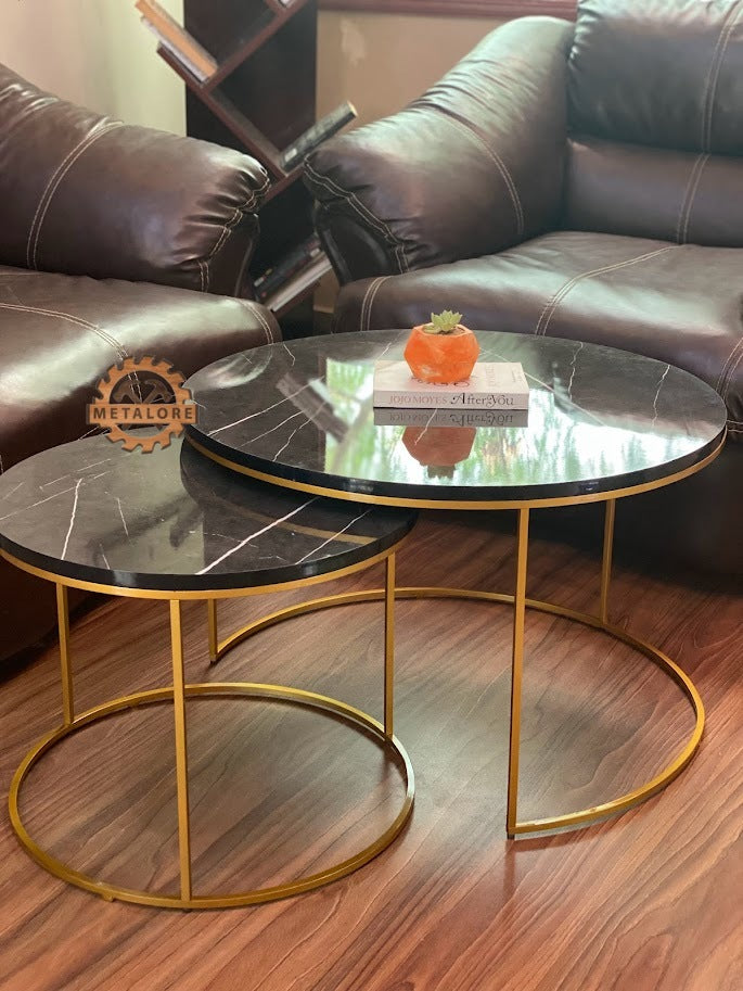 Metalore Black Marble Coffee Table Set | Nesting Round Center Table | 2 Piece Living Room Table Pakistan"