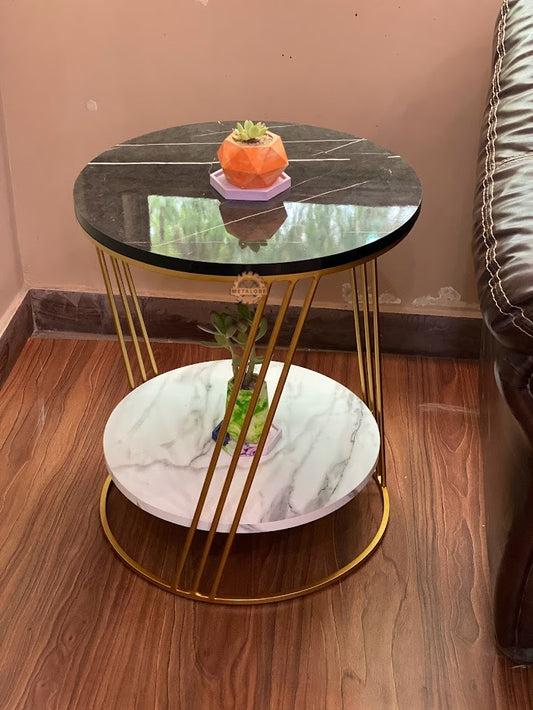 Metalore 2-Tier Round Side Table | Black & White Marble | Gold Frame | 20 Inch Acrylic Coffee Table | Modern End Table Pakistan