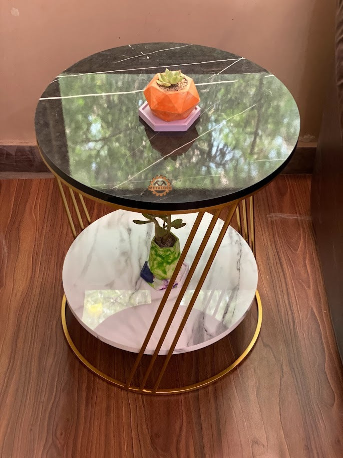 Metalore 2-Tier Round Side Table | Black & White Marble | Gold Frame | 20 Inch Acrylic Coffee Table | Modern End Table Pakistan