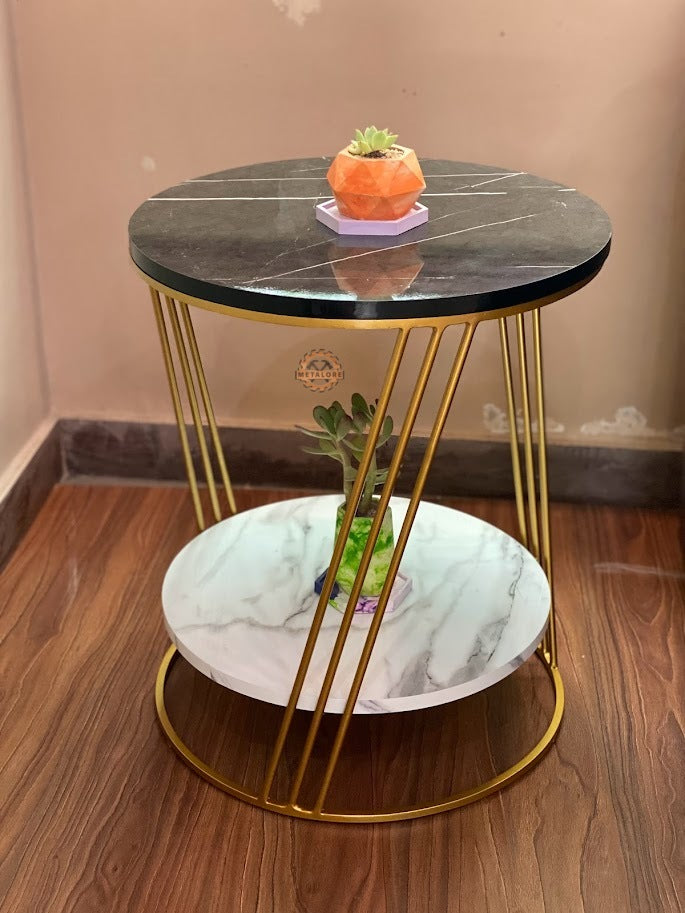 Metalore 2-Tier Round Side Table | Black & White Marble | Gold Frame | 20 Inch Acrylic Coffee Table | Modern End Table Pakistan