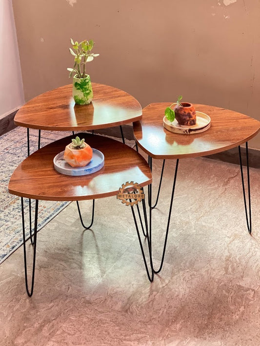 Metalore Nesting Coffee Tables Set of 3 | Triangle Wooden Side Tables | Black Hairpin Legs | Modern Living Room Furniture Pakistan