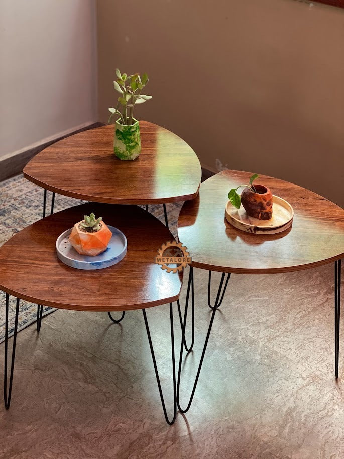 Metalore Nesting Coffee Tables Set of 3 | Triangle Wooden Side Tables | Black Hairpin Legs | Modern Living Room Furniture Pakistan