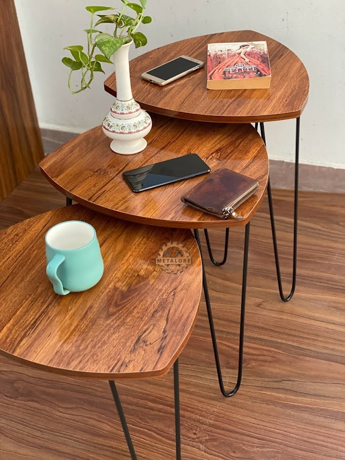 Metalore Nesting Coffee Tables Set of 3 | Triangle Wooden Side Tables | Black Hairpin Legs | Modern Living Room Furniture Pakistan