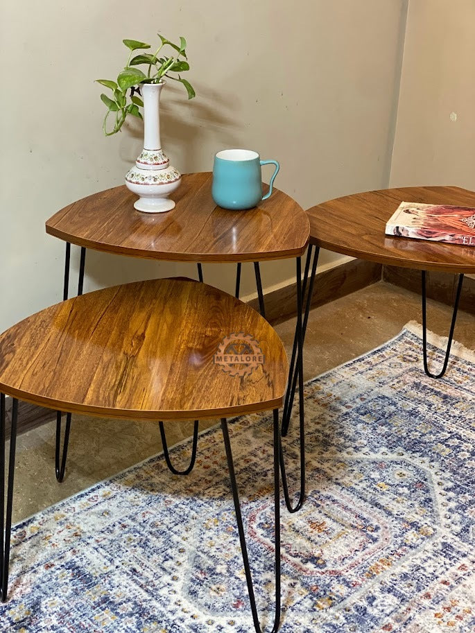 Metalore Nesting Coffee Tables Set of 3 | Triangle Wooden Side Tables | Black Hairpin Legs | Modern Living Room Furniture Pakistan