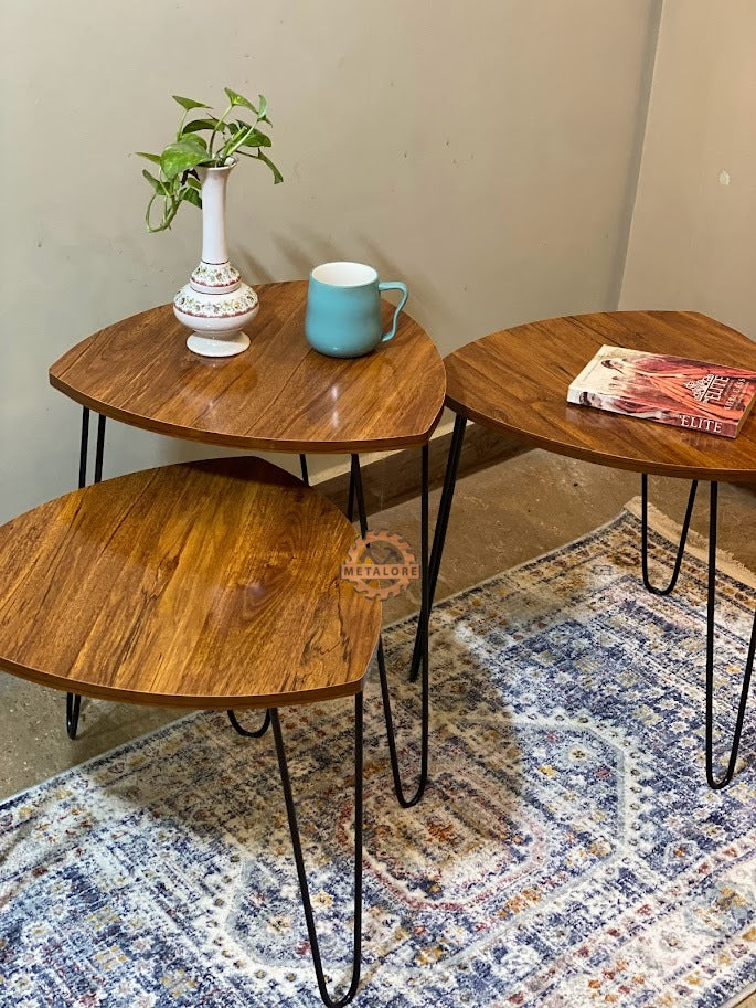 Metalore Nesting Coffee Tables Set of 3 | Triangle Wooden Side Tables | Black Hairpin Legs | Modern Living Room Furniture Pakistan