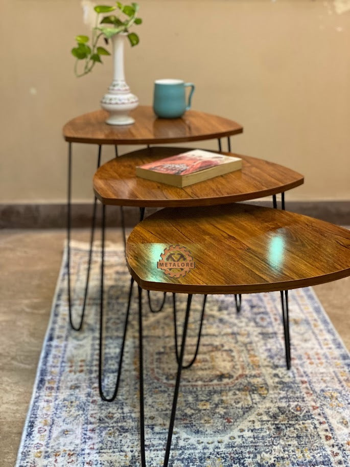 Metalore Nesting Coffee Tables Set of 3 | Triangle Wooden Side Tables | Black Hairpin Legs | Modern Living Room Furniture Pakistan