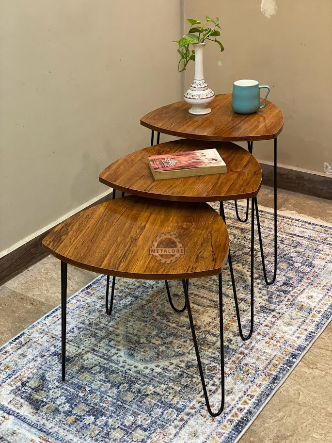 Metalore Nesting Coffee Tables Set of 3 | Triangle Wooden Side Tables | Black Hairpin Legs | Modern Living Room Furniture Pakistan