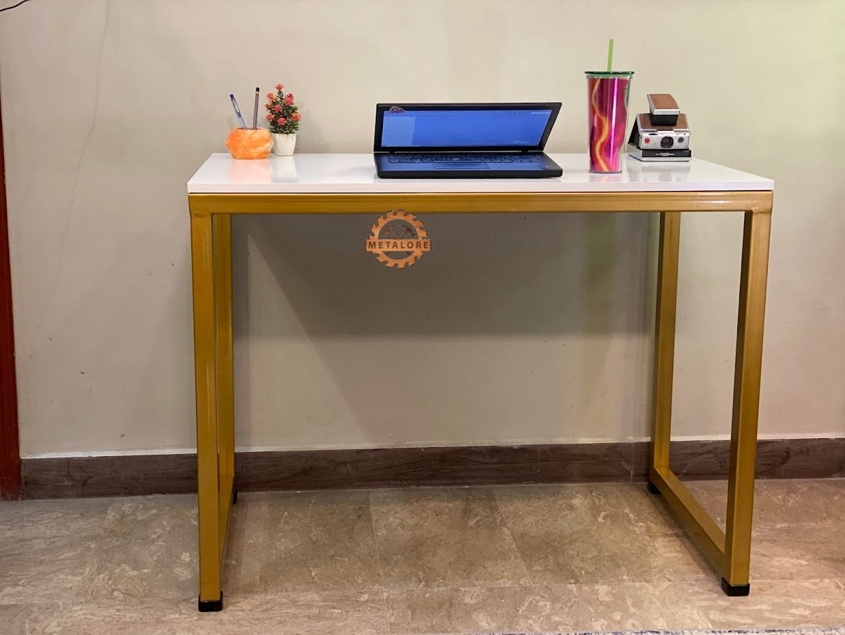 Metalore Office Computer Table 4 Feet | White Top Gold Frame | Study Desk | Metal Legs Workstation Pakistan