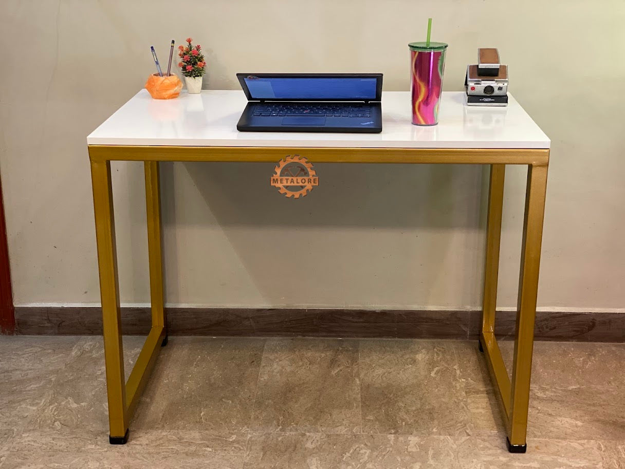 Metalore Office Computer Table 4 Feet | White Top Gold Frame | Study Desk | Metal Legs Workstation Pakistan
