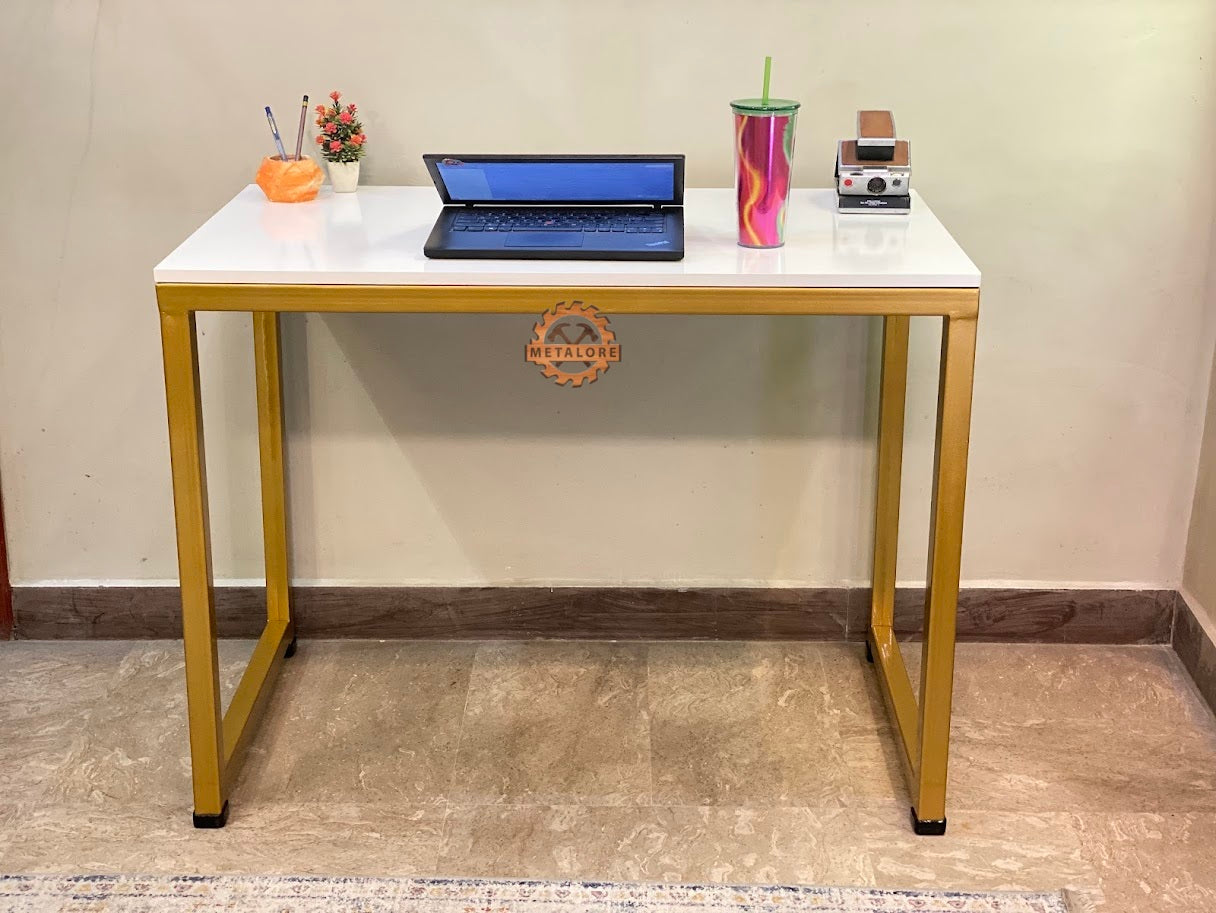 Metalore Office Computer Table 4 Feet | White Top Gold Frame | Study Desk | Metal Legs Workstation Pakistan