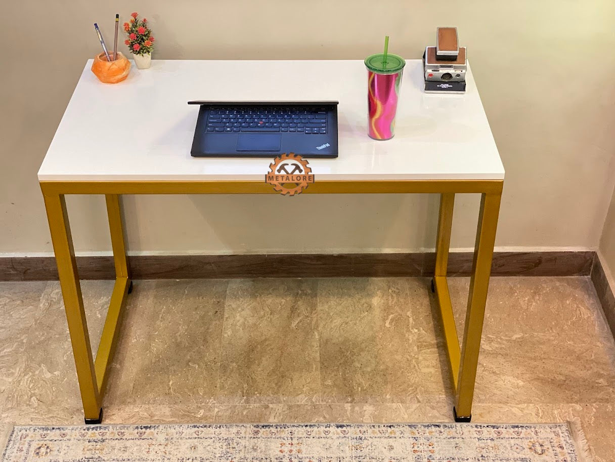 Metalore Office Computer Table 4 Feet | White Top Gold Frame | Study Desk | Metal Legs Workstation Pakistan